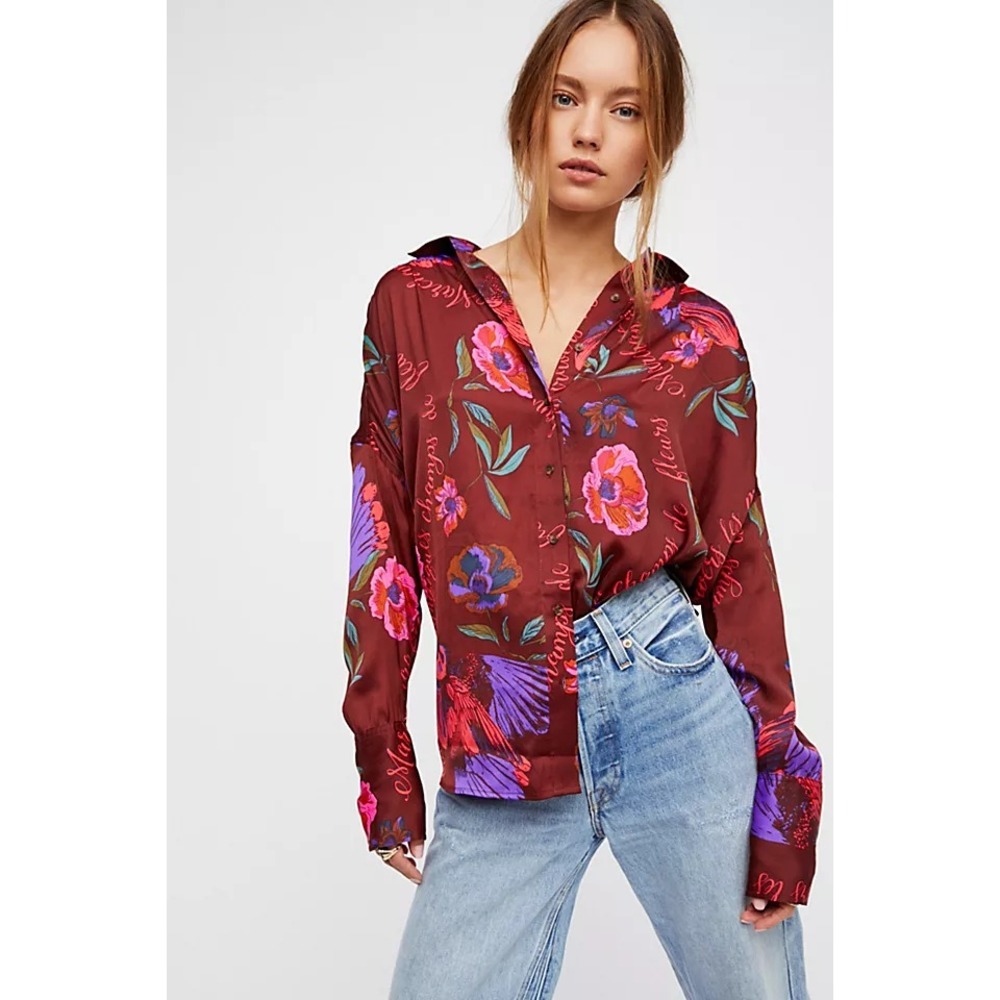 Free People Womens Silky Nights Floral Oversized Button Down Top M Burgundy
